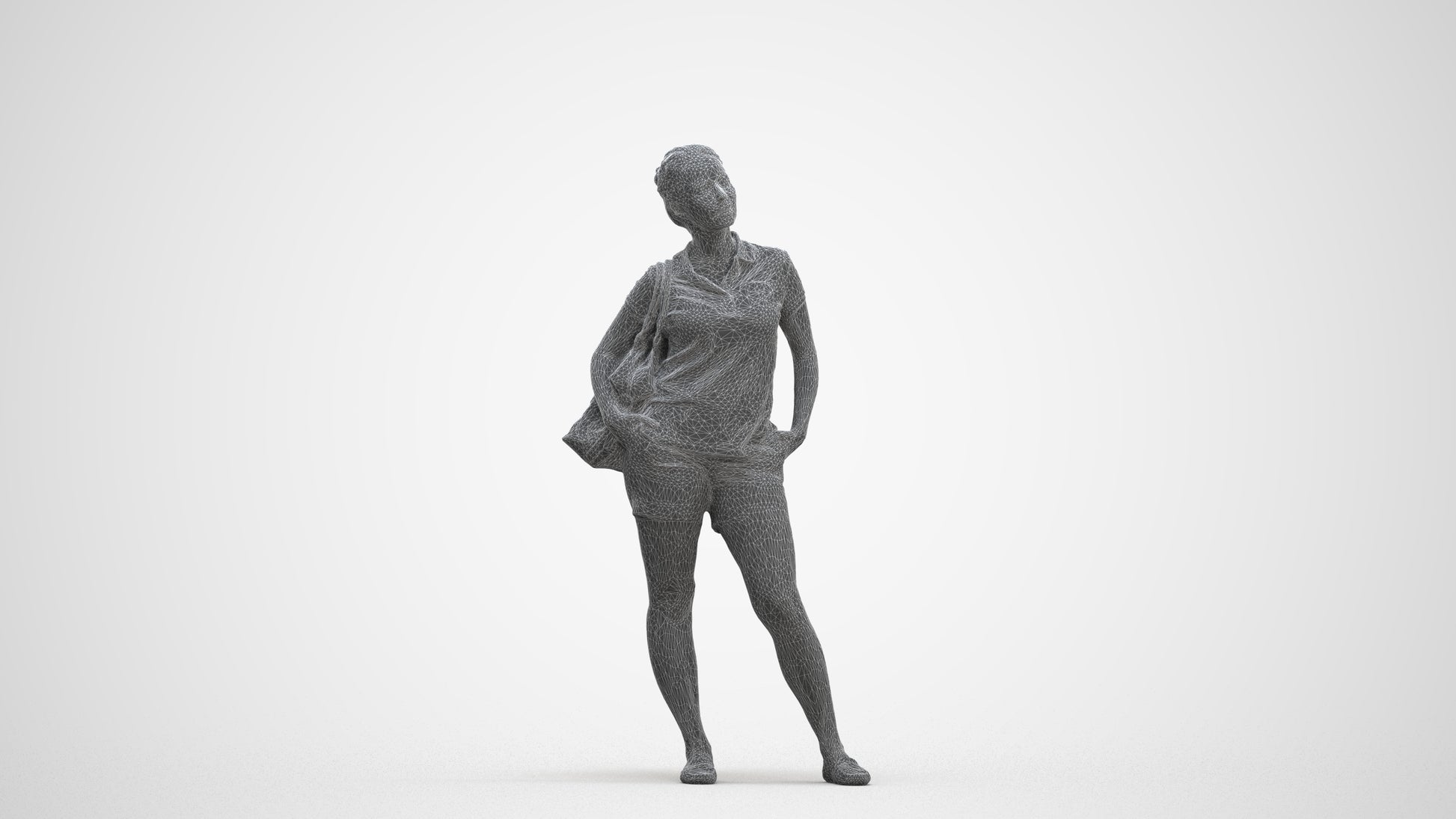 3D scanned woman standing casual, photorealistic archviz people for Enscape and SketchUp, three-quarter front view render