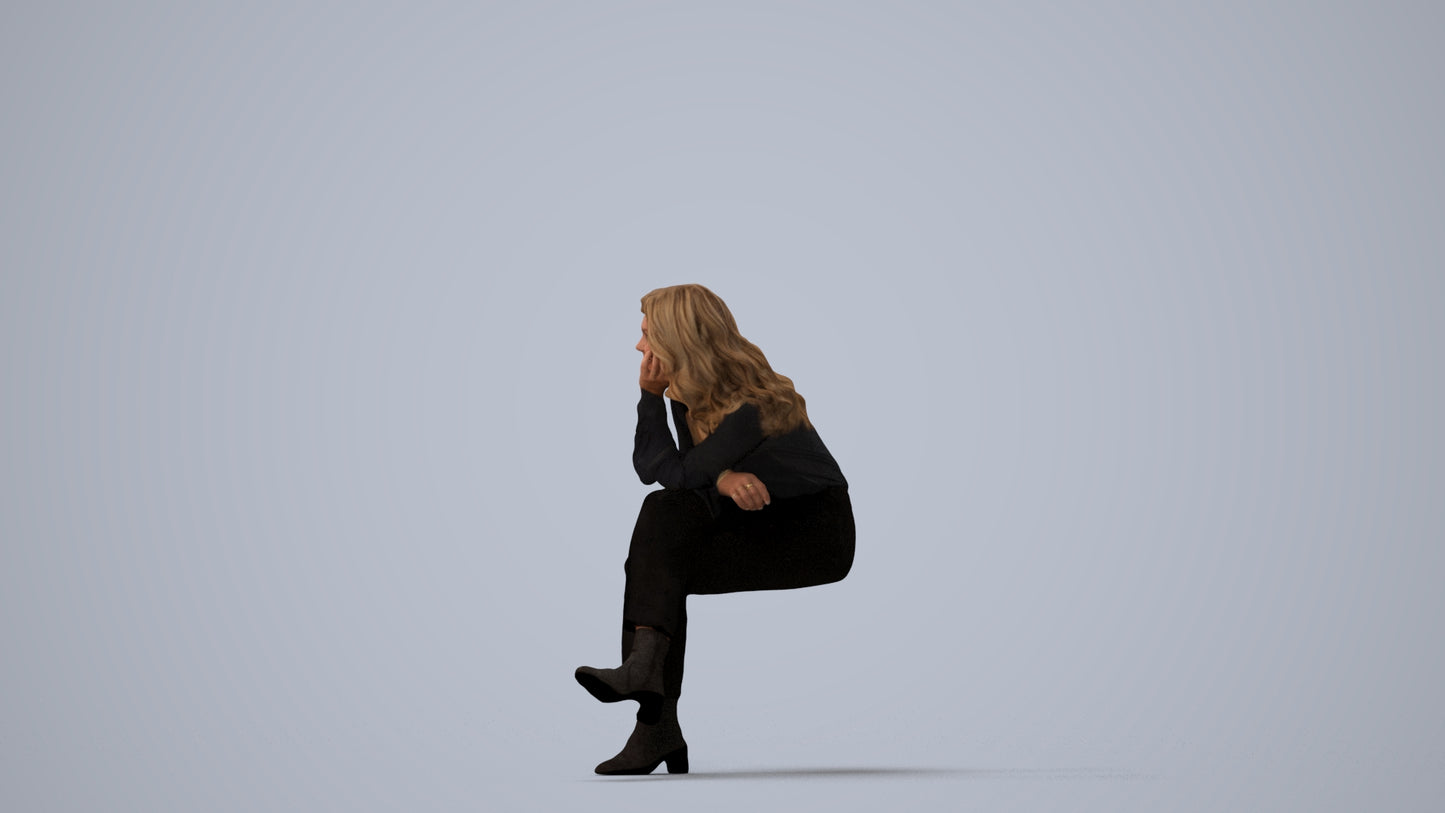 photogrammetry 3D woman business sitting, realistic human model archviz FBX, three-quarter view render