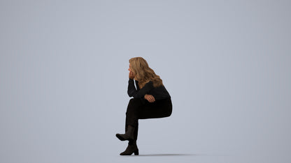 photogrammetry 3D woman business sitting, realistic human model archviz FBX, three-quarter view render