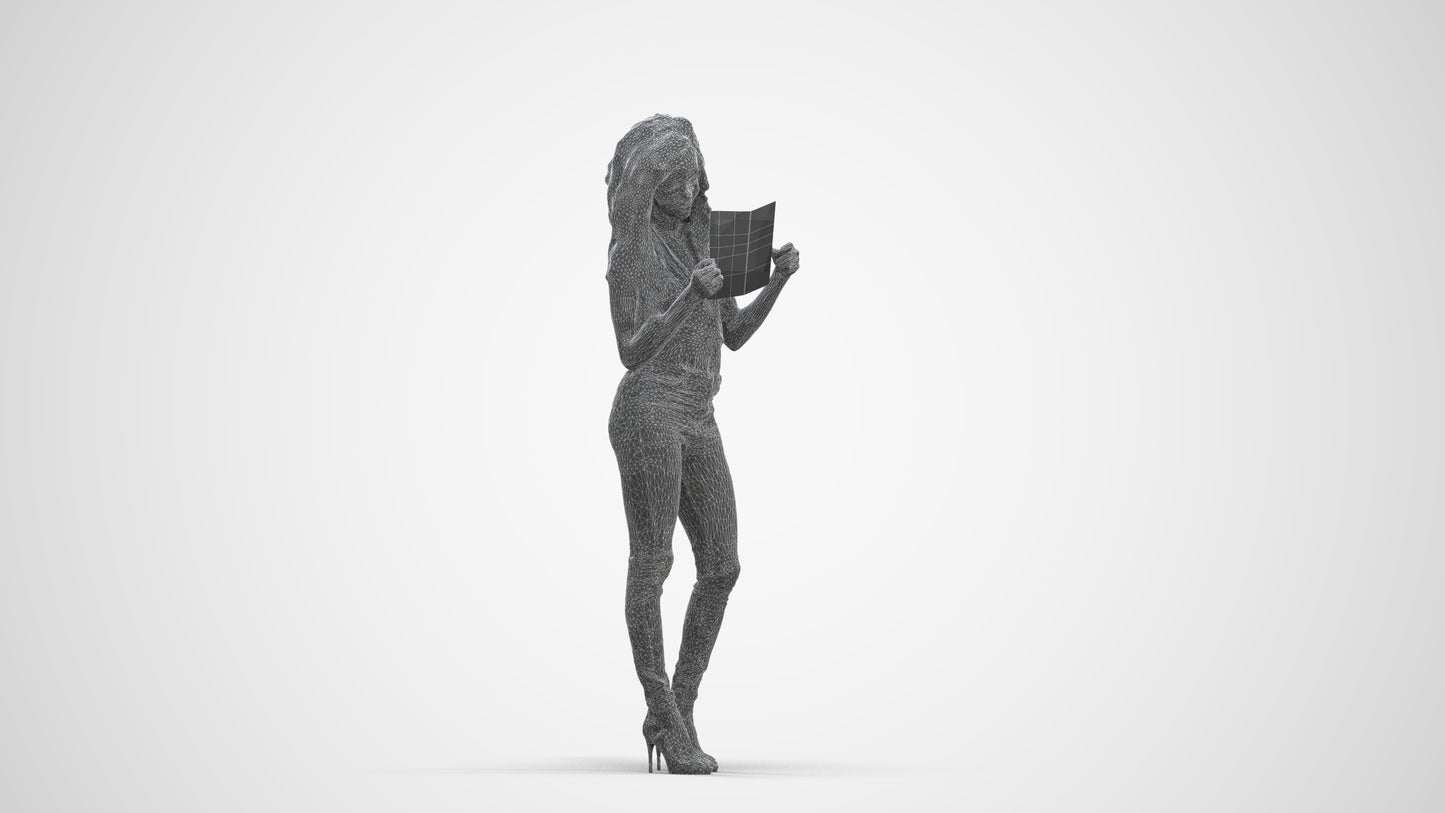 3D human model woman casual standing, photogrammetry scanned person for archviz, three-quarter front view render