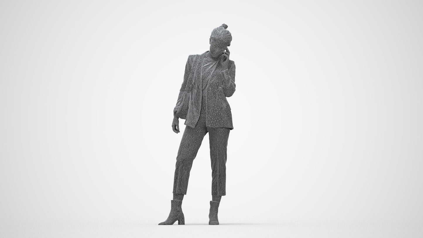 3D human model woman business standing, photogrammetry scanned person for archviz, wireframe back view