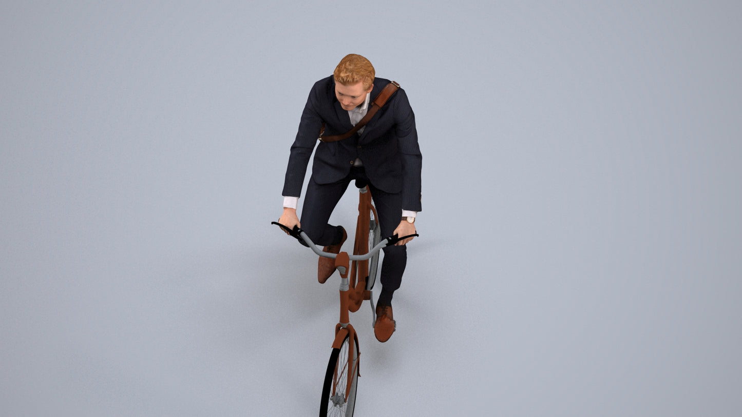 photogrammetry 3D man business cycling, realistic human model archviz FBX, back view render