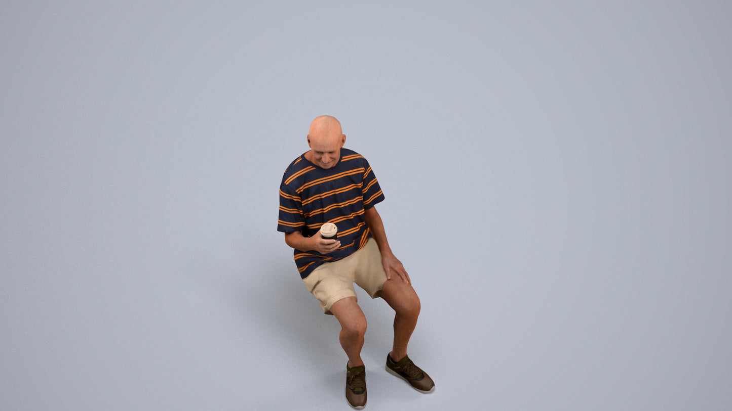 3D human model senior man casual sitting, photogrammetry scanned person for archviz, back view render