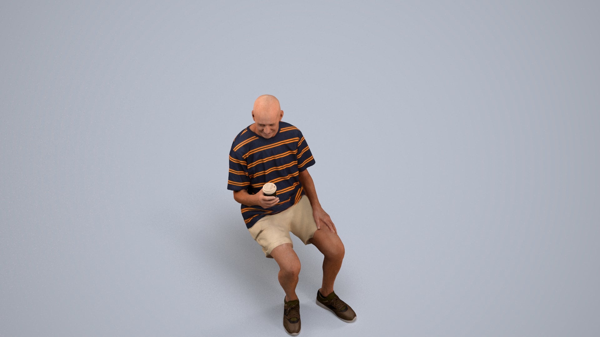 3D human model senior man casual sitting, photogrammetry scanned person for archviz, back view render