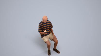 3D human model senior man casual sitting, photogrammetry scanned person for archviz, back view render
