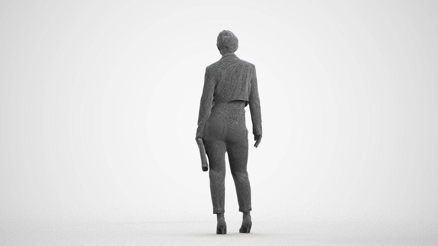 3D human model woman business, photogrammetry scanned person for archviz, wireframe front view