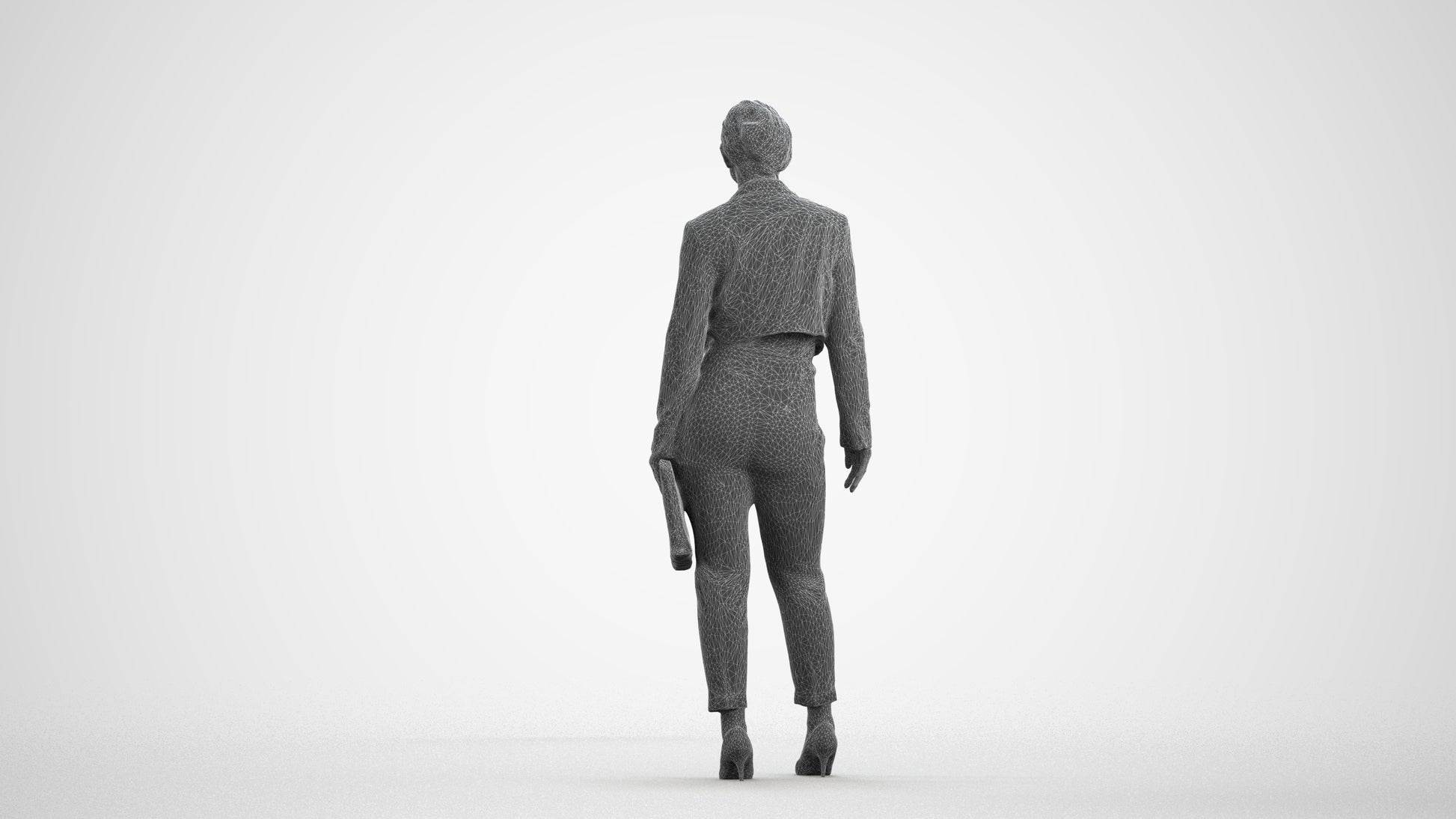 3D human model woman business, photogrammetry scanned person for archviz, wireframe front view