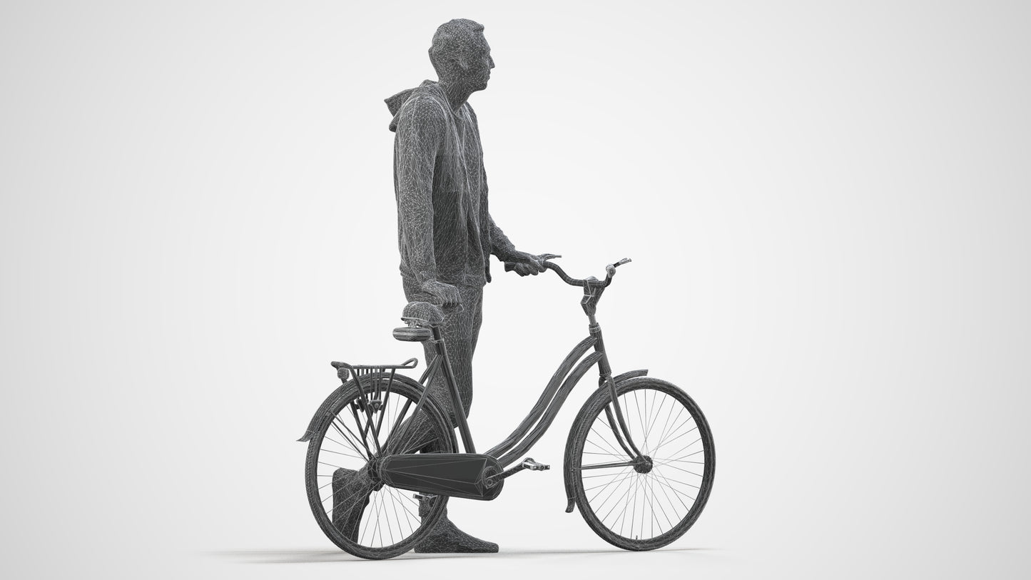scanned 3D man casual cycling, photogrammetry people for Enscape and V-Ray, wireframe side view