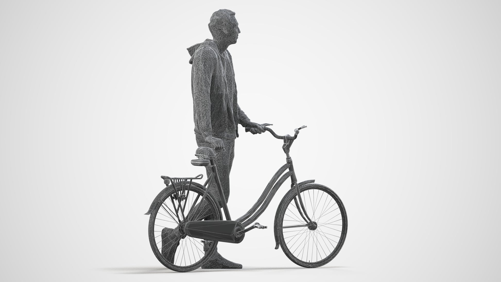 scanned 3D man casual cycling, photogrammetry people for Enscape and V-Ray, wireframe side view