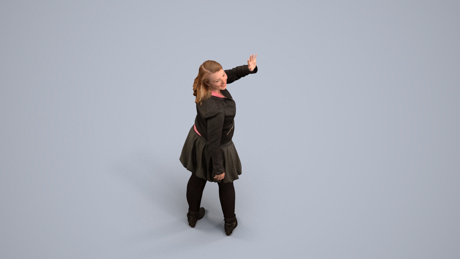 3D human model woman casual standing, photogrammetry scanned person for archviz, back view render