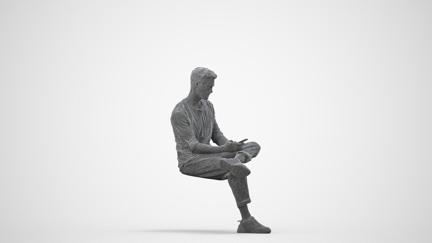 3D human model man casual sitting, photogrammetry scanned person for archviz, wireframe side view