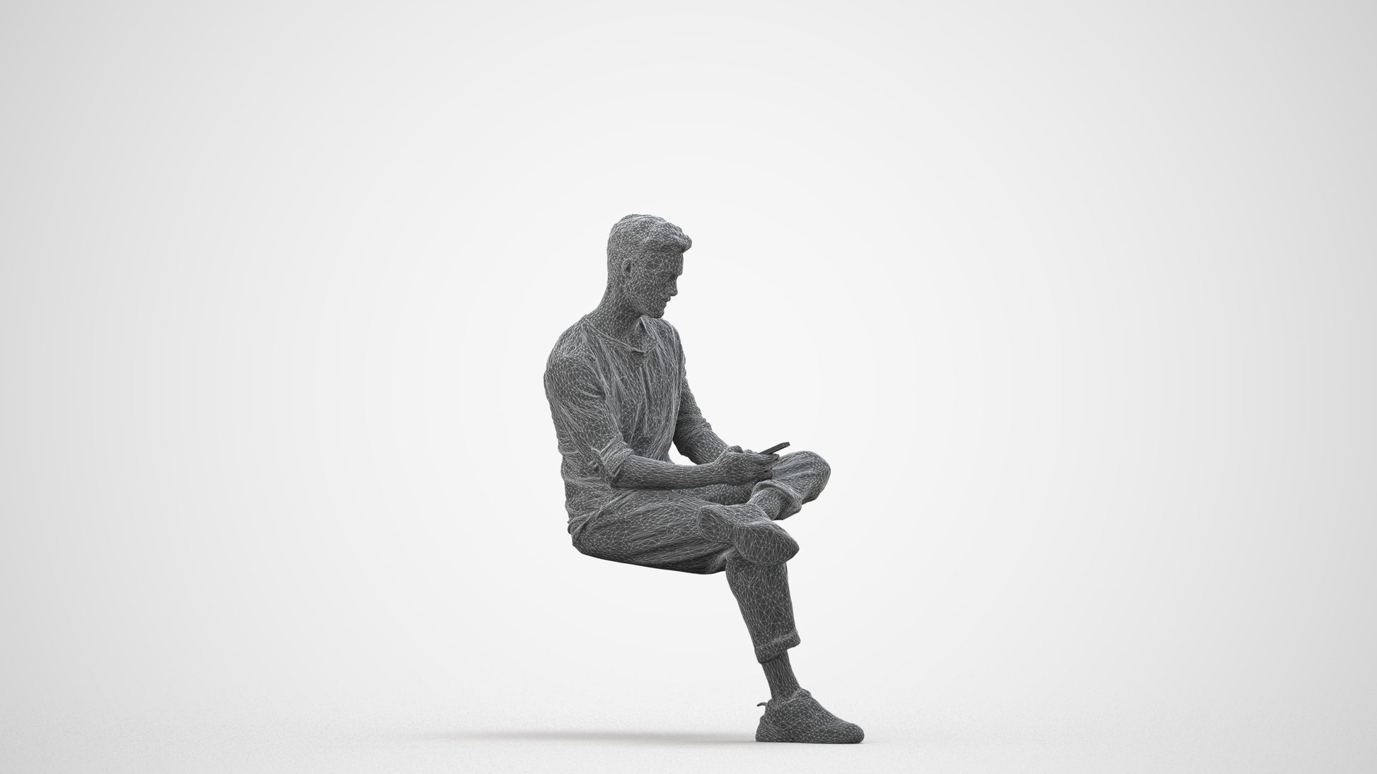3D human model man casual sitting, photogrammetry scanned person for archviz, wireframe side view