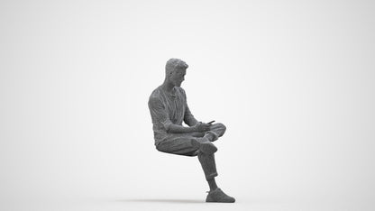 3D human model man casual sitting, photogrammetry scanned person for archviz, wireframe side view