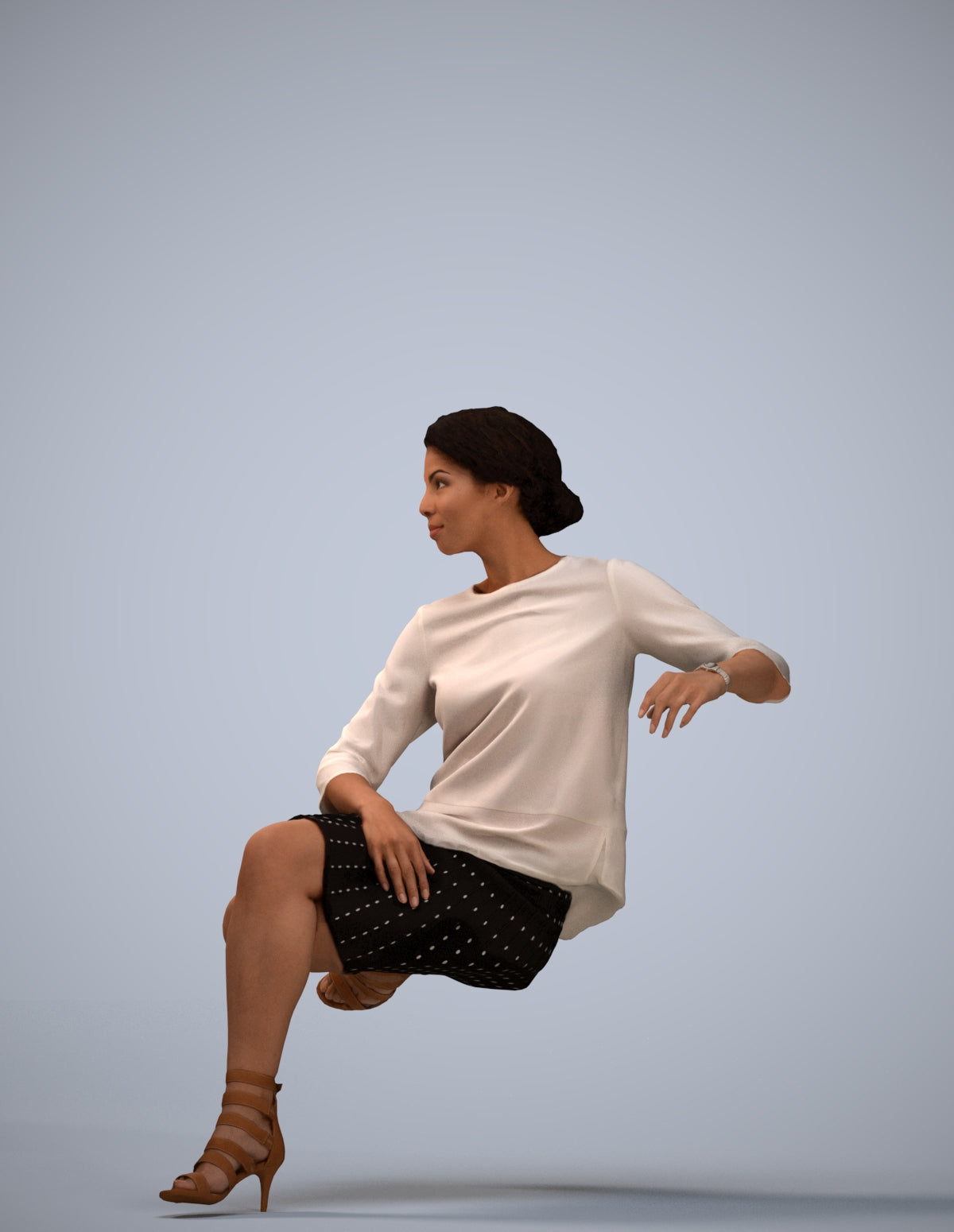3D scanned woman sitting casual, photorealistic archviz people for Enscape and SketchUp