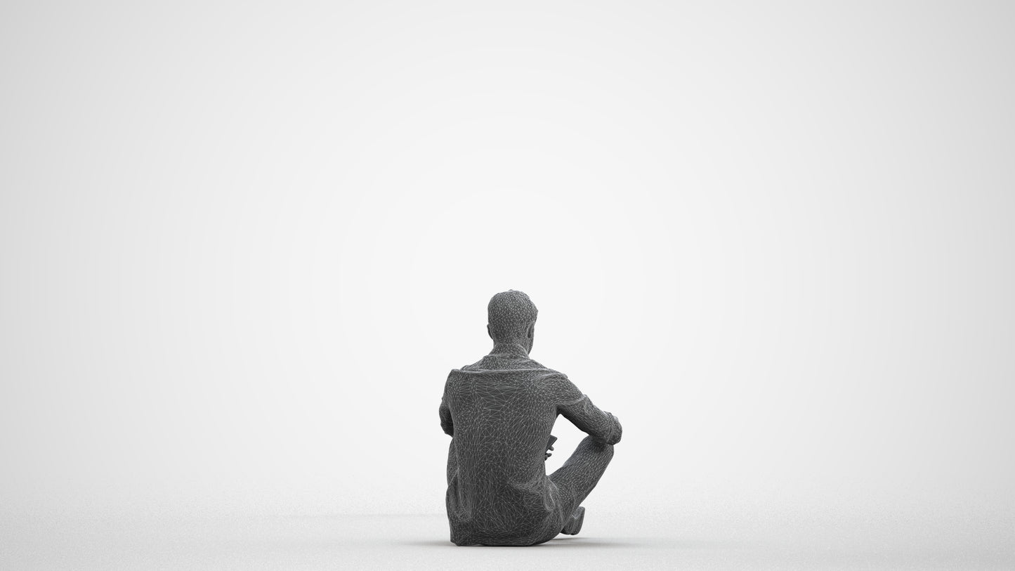 3D scanned man sitting casual, photorealistic archviz people for Enscape and SketchUp, wireframe front view