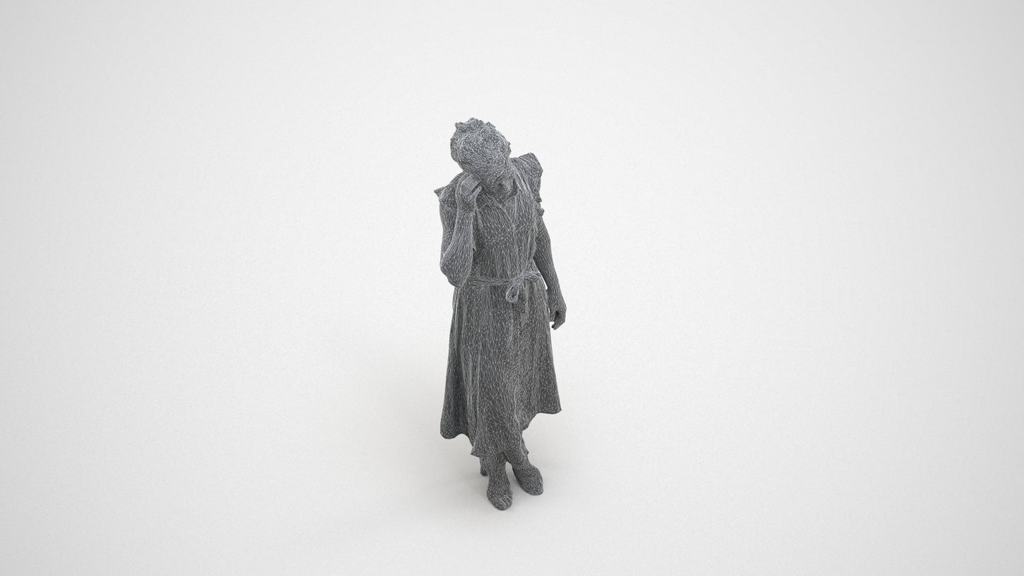 realistic 3D woman casual standing, scanned archviz people for Blender and 3ds Max, wireframe three-quarter view