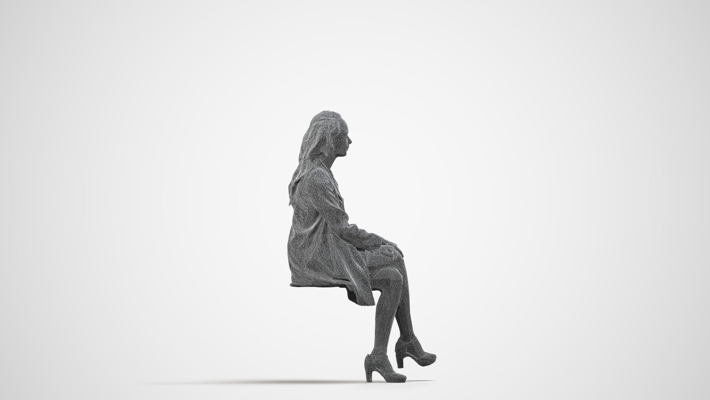 photogrammetry 3D woman business sitting, realistic human model archviz FBX, wireframe side view