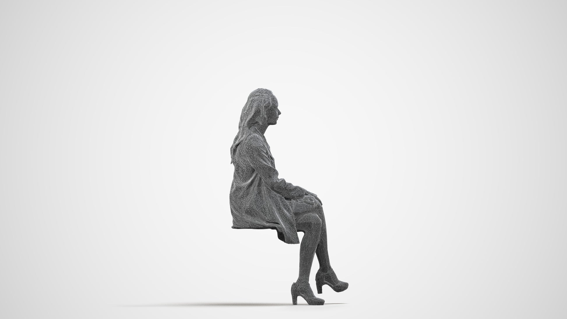 photogrammetry 3D woman business sitting, realistic human model archviz FBX, wireframe side view