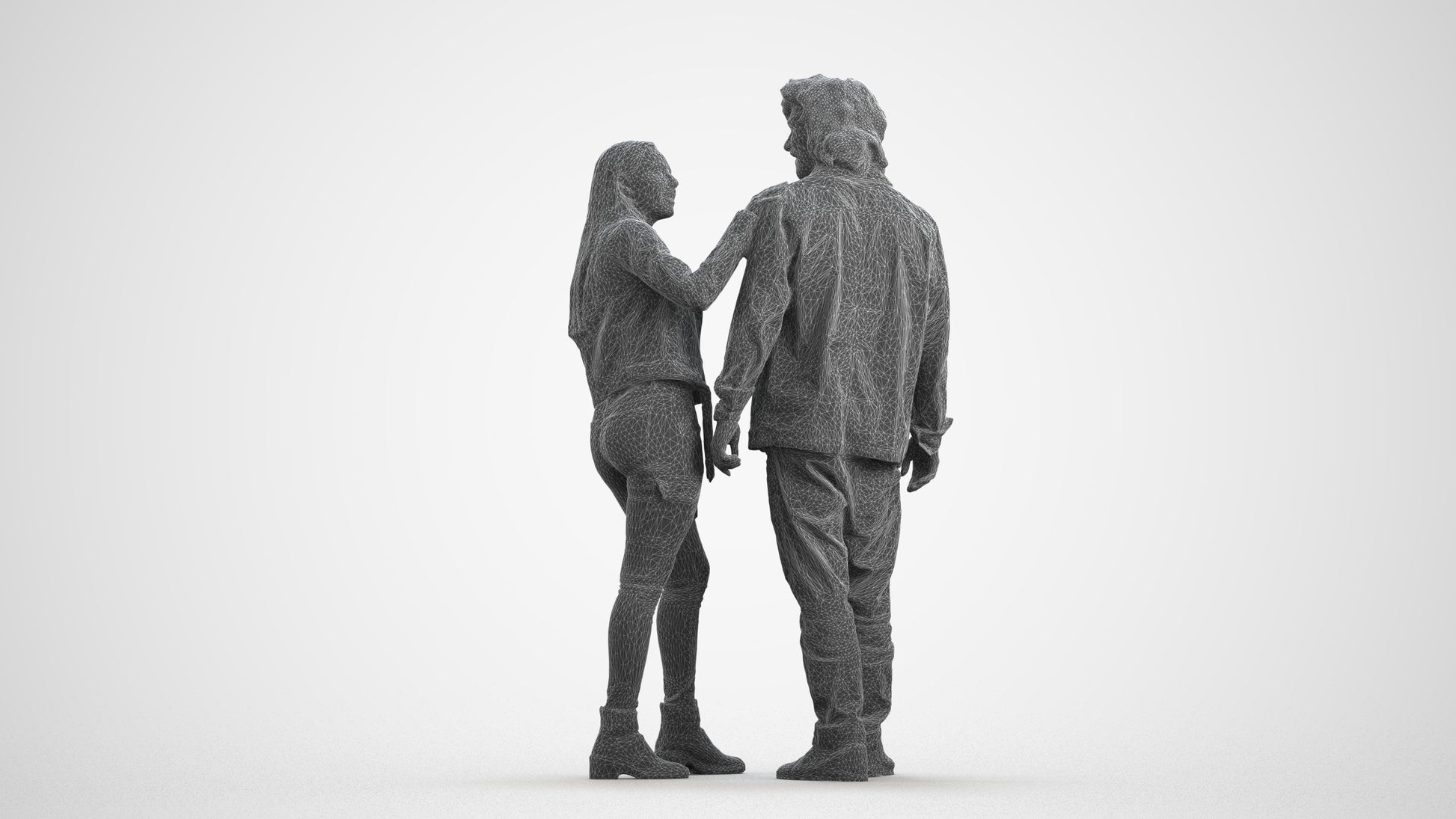 realistic 3D woman casual couple, scanned archviz people for Blender and 3ds Max, wireframe front view