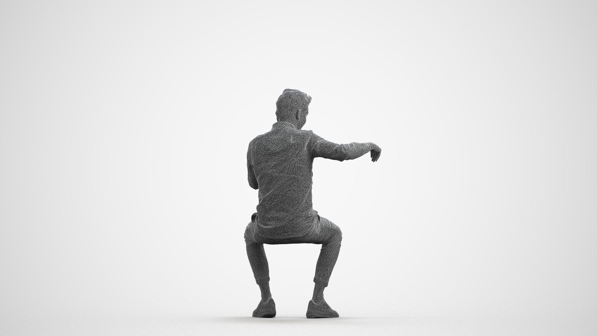 realistic 3D human man casual sitting, archviz people FBX OBJ for Blender, wireframe front view