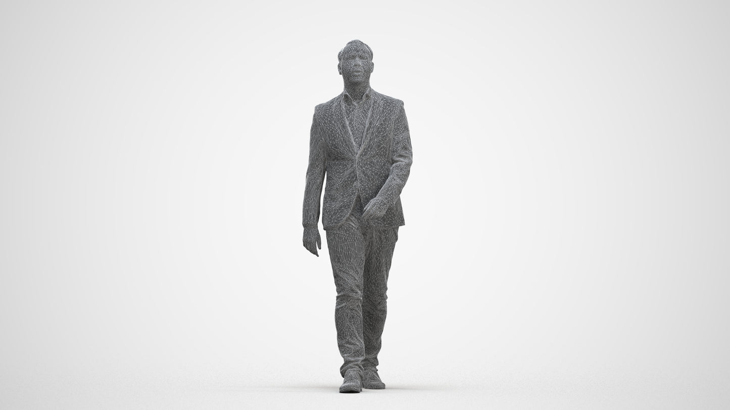 3D human model man business walking, photogrammetry scanned person for archviz, three-quarter front view render