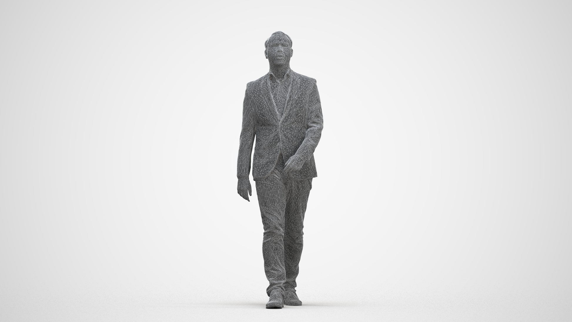 3D human model man business walking, photogrammetry scanned person for archviz, three-quarter front view render