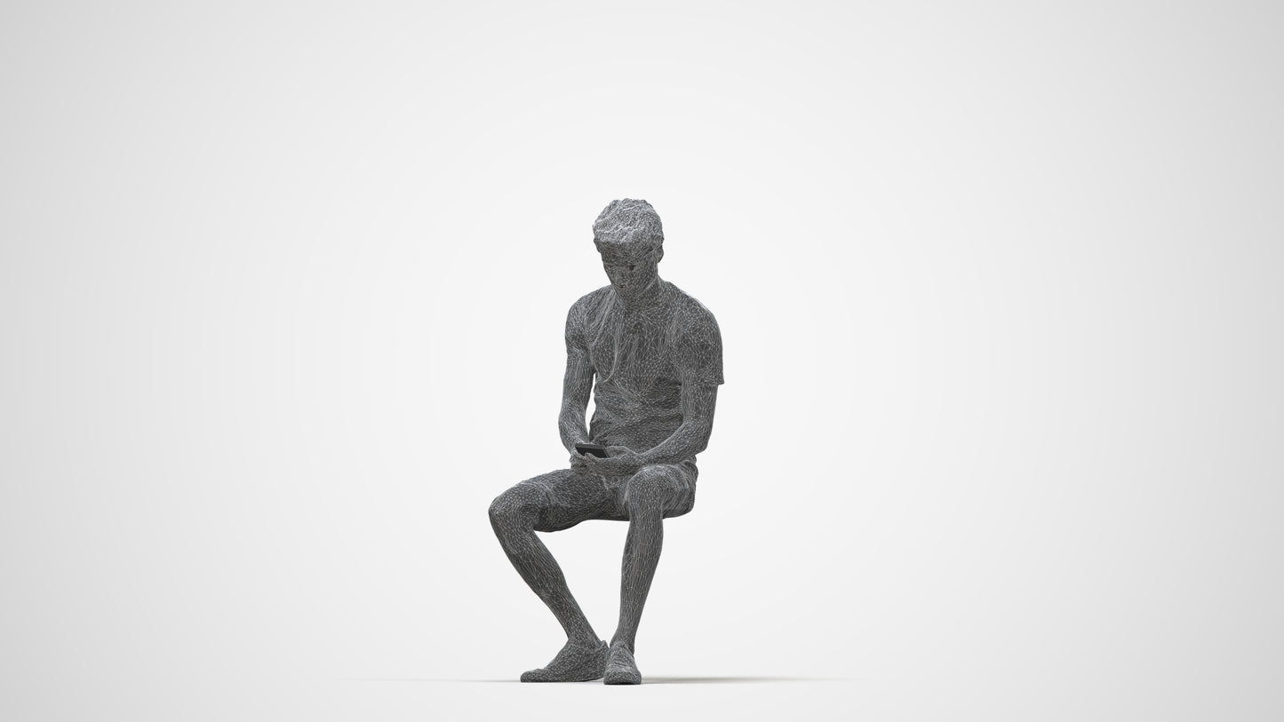 realistic 3D man casual sitting, scanned archviz people for Blender and 3ds Max, wireframe back view