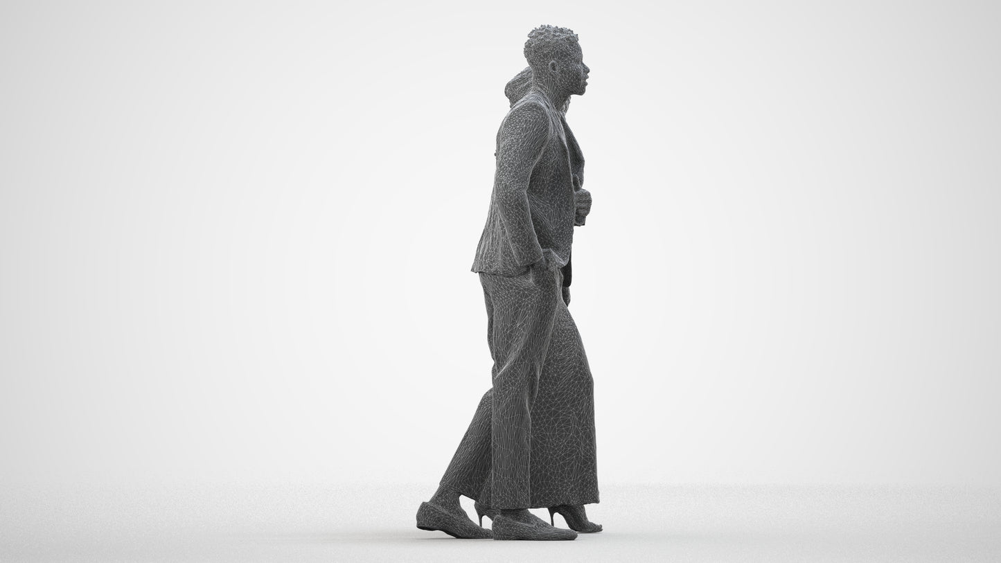 3D human model woman formal couple, photogrammetry scanned person for archviz, wireframe side view