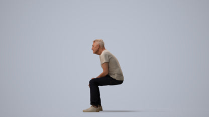 3D people model senior man casual sitting, scanned human for 3ds Max rendering, three-quarter view render