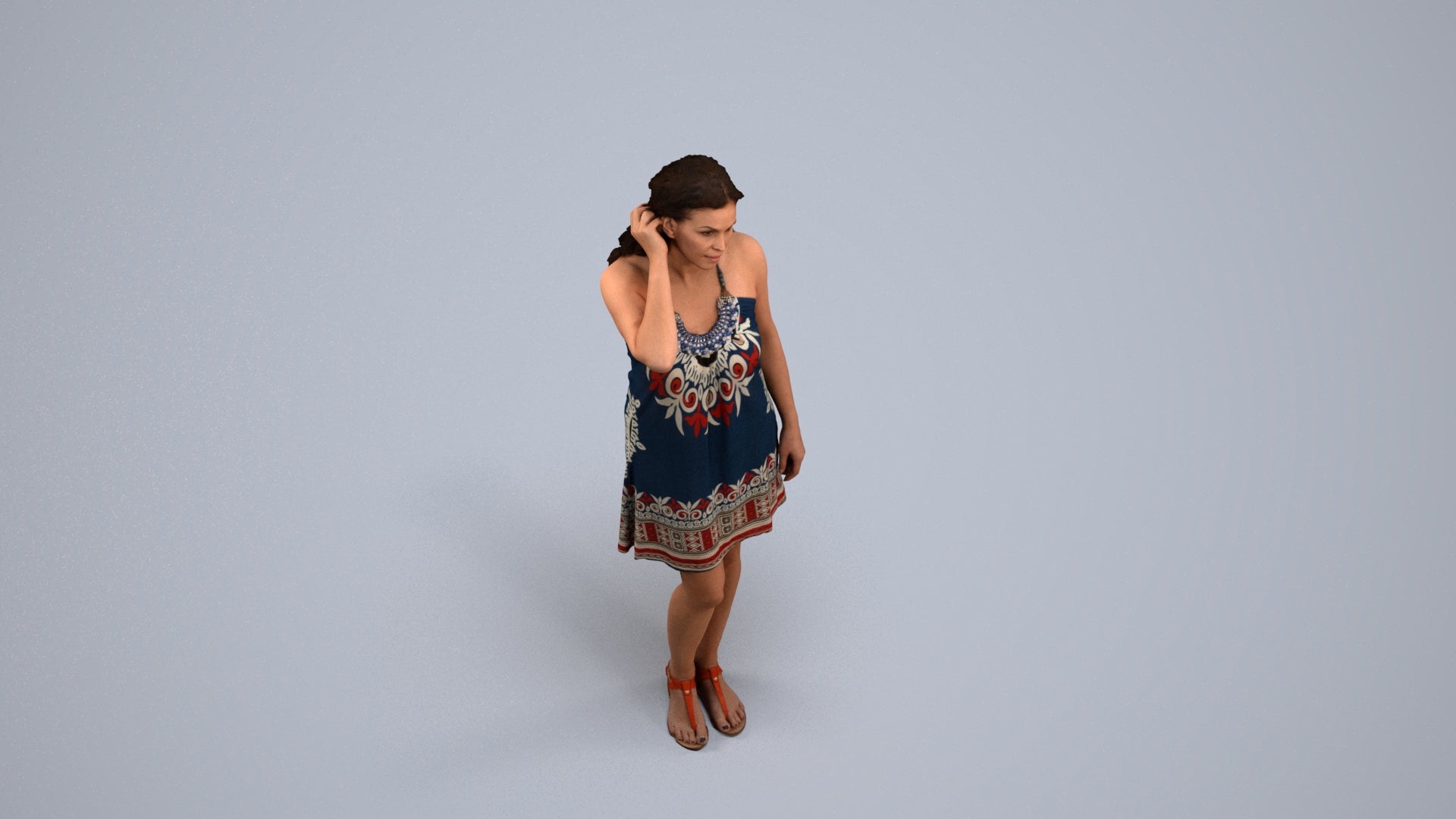 3D human model woman standing, photogrammetry scanned person for archviz, back view render