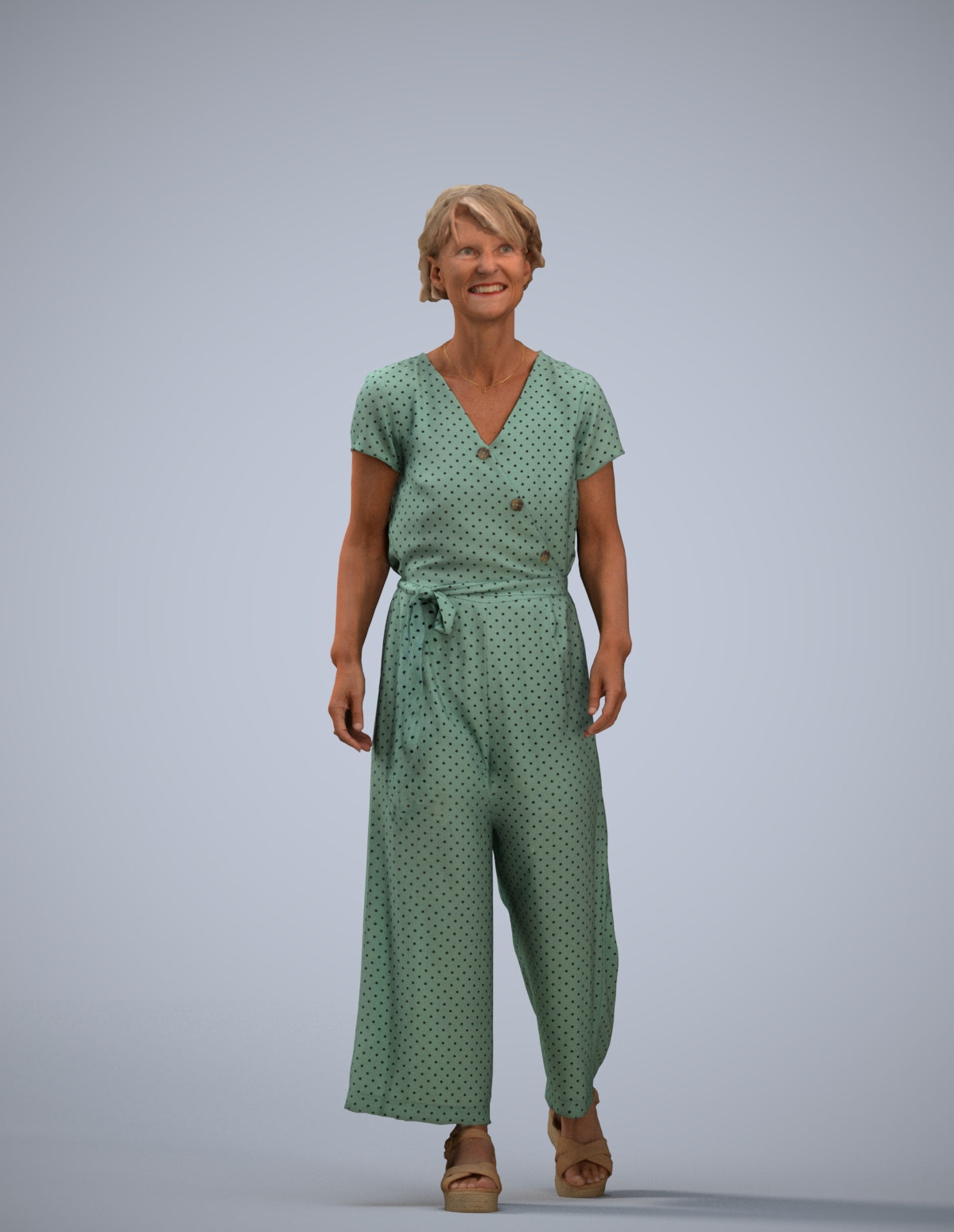 3D human model senior woman casual walking, photogrammetry scanned person for archviz