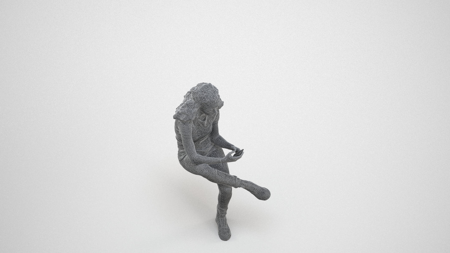 realistic 3D people woman casual sitting, render-ready for V-Ray and Corona, FBX OBJ, wireframe three-quarter view