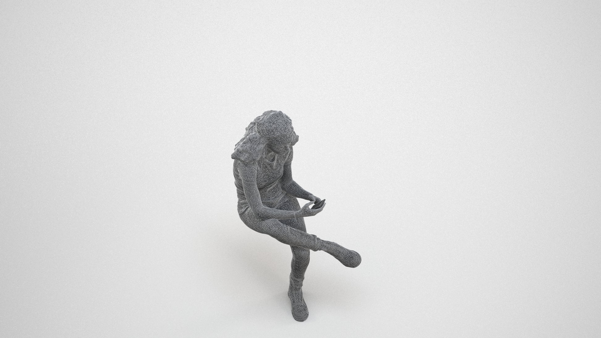 realistic 3D people woman casual sitting, render-ready for V-Ray and Corona, FBX OBJ, wireframe three-quarter view