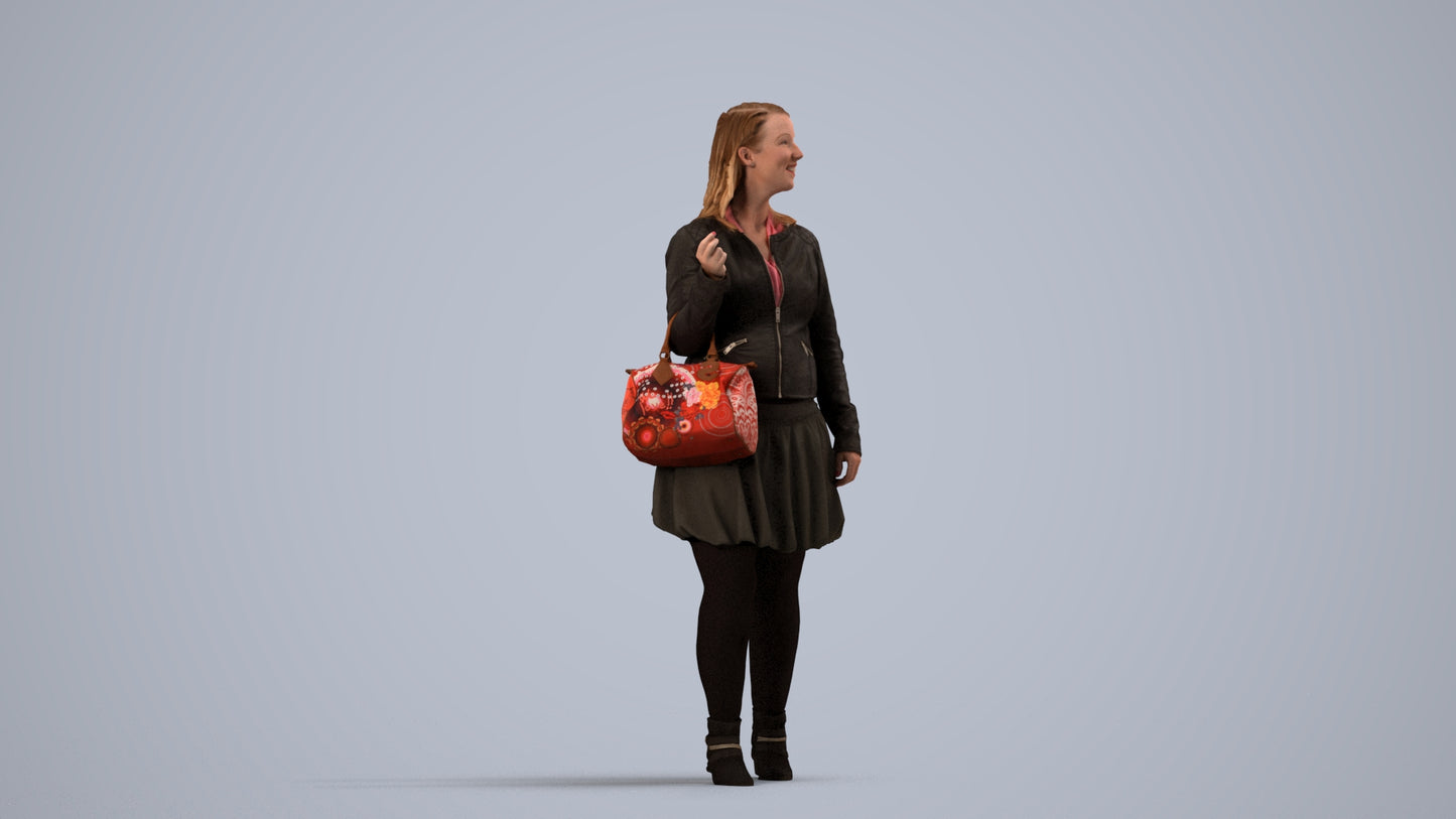 3D human model woman business standing, photogrammetry scanned person for archviz, side view render