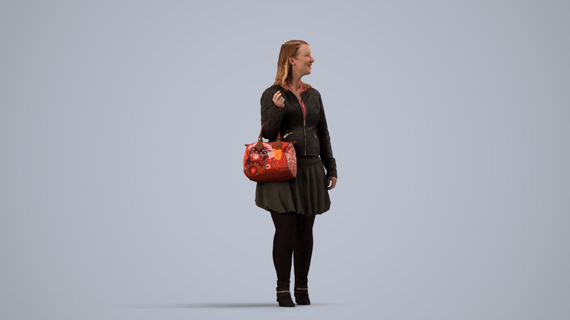 3D human model woman business standing, photogrammetry scanned person for archviz, side view render