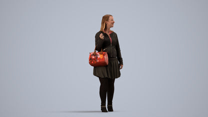 3D human model woman business standing, photogrammetry scanned person for archviz, side view render