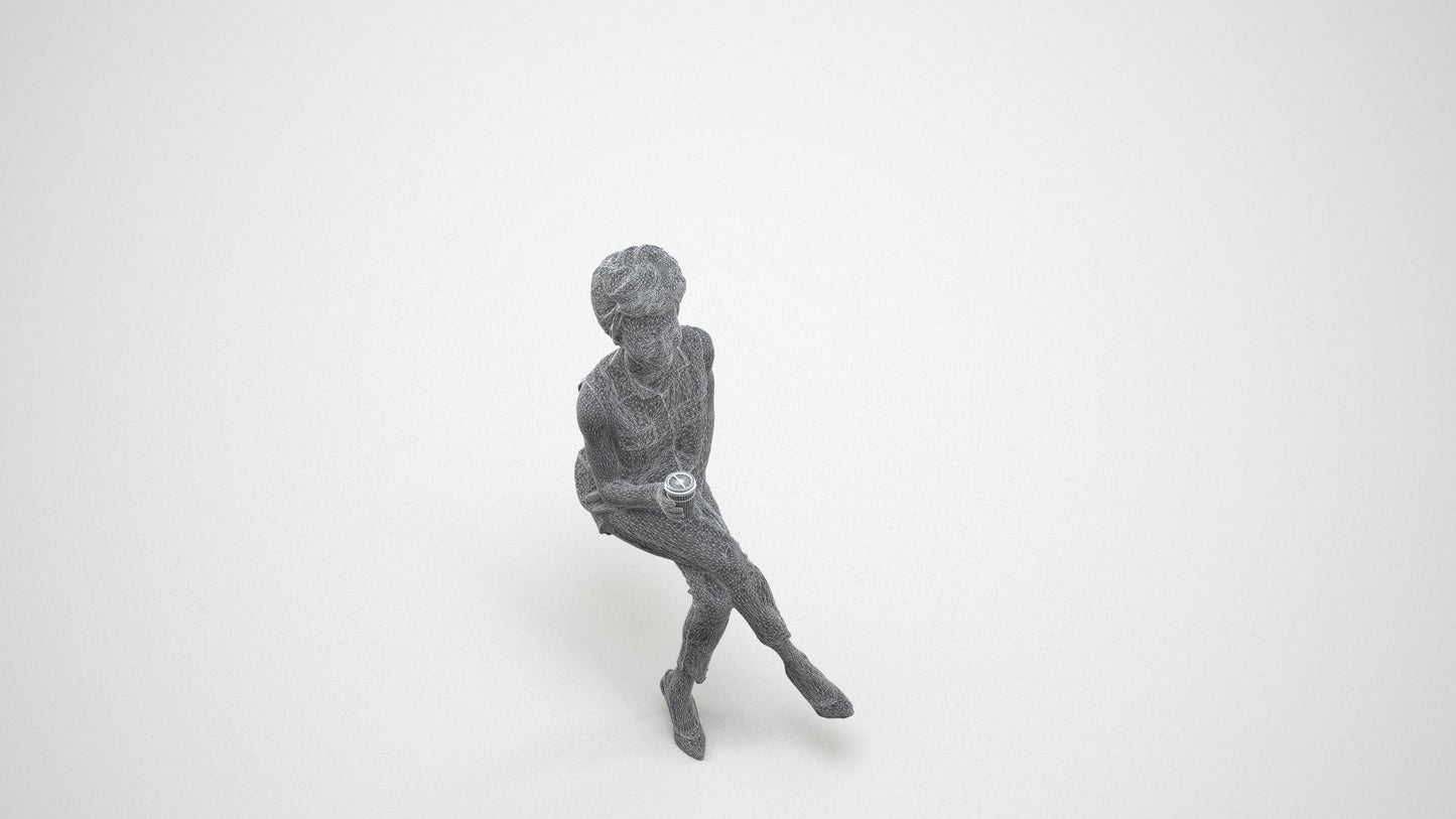 photogrammetry 3D woman casual sitting, realistic human model archviz FBX, wireframe three-quarter view