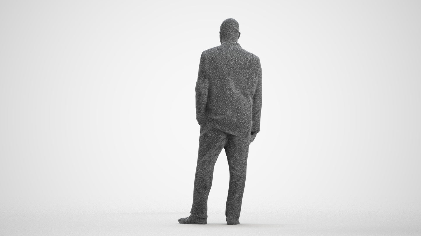 3D human model man business, photogrammetry scanned person for archviz, wireframe front view