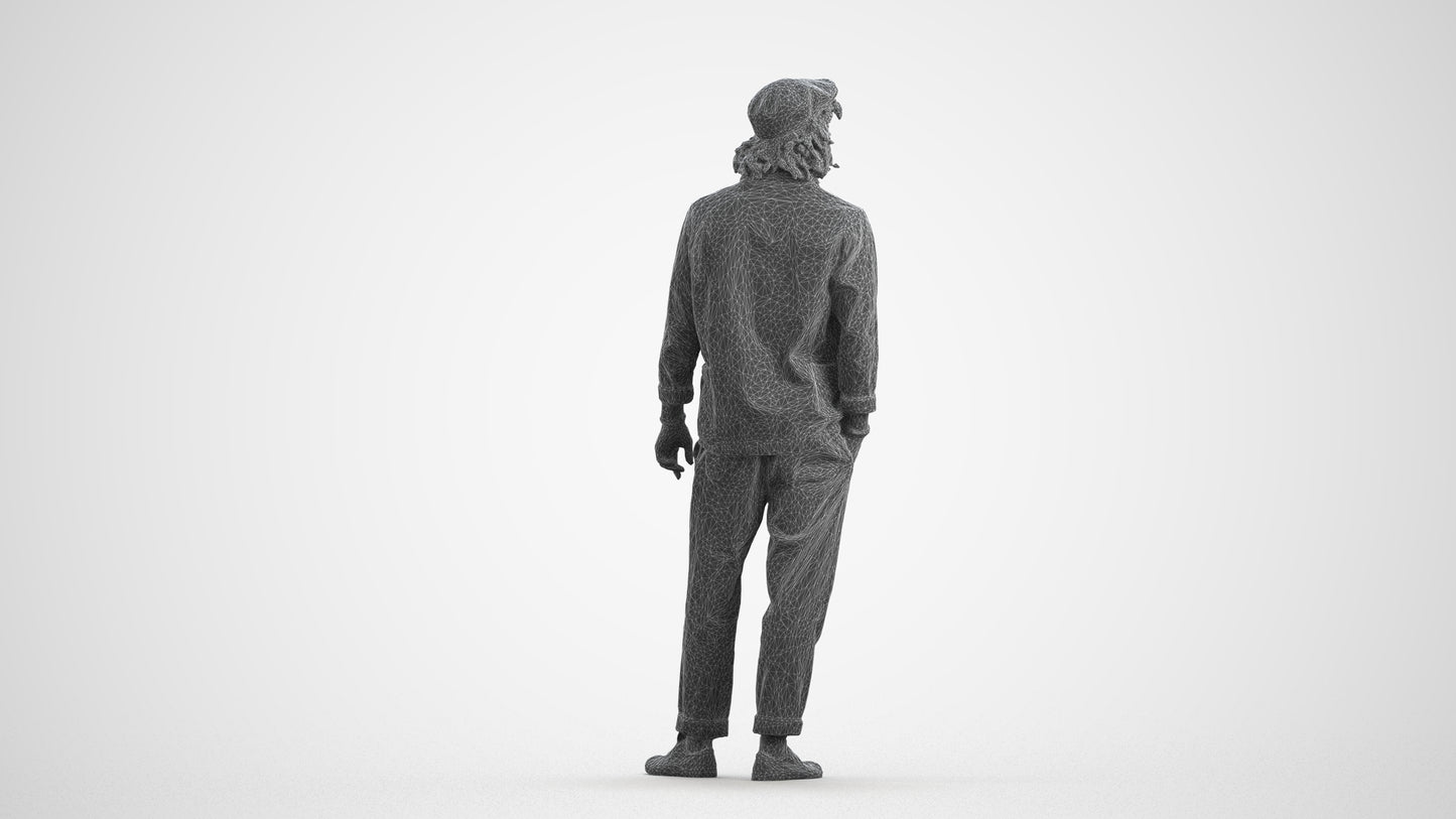 3D scanned man standing casual, photorealistic archviz people for Enscape and SketchUp, wireframe front view