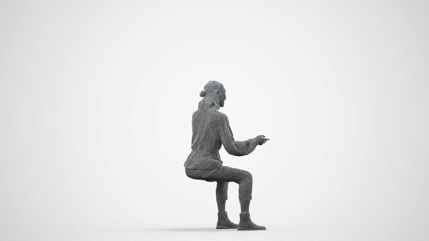 3D scanned woman sitting casual, photorealistic archviz people for Enscape and SketchUp, wireframe side view