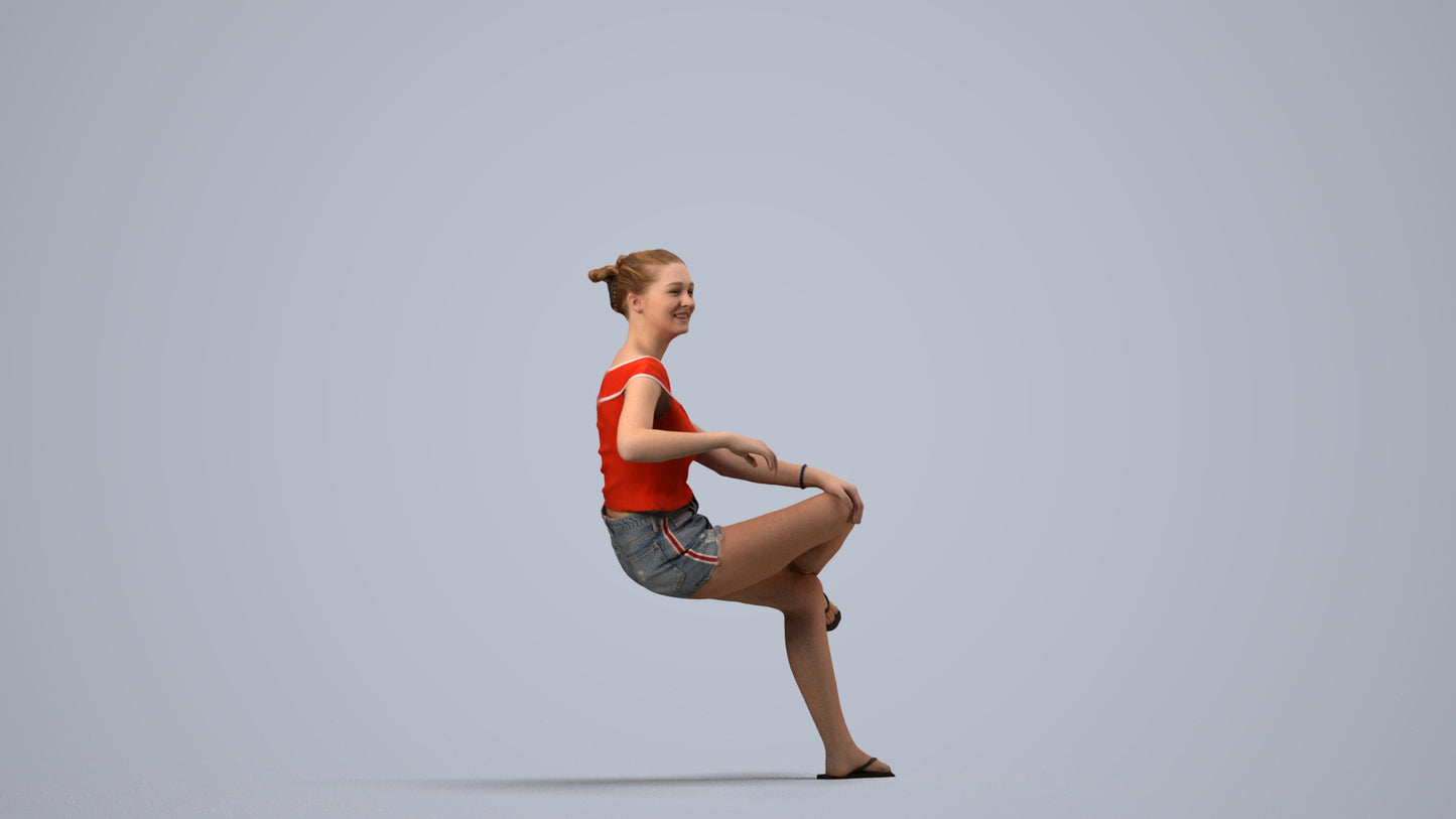 3D scanned girl sitting casual, photorealistic archviz people for Enscape and SketchUp, side view render