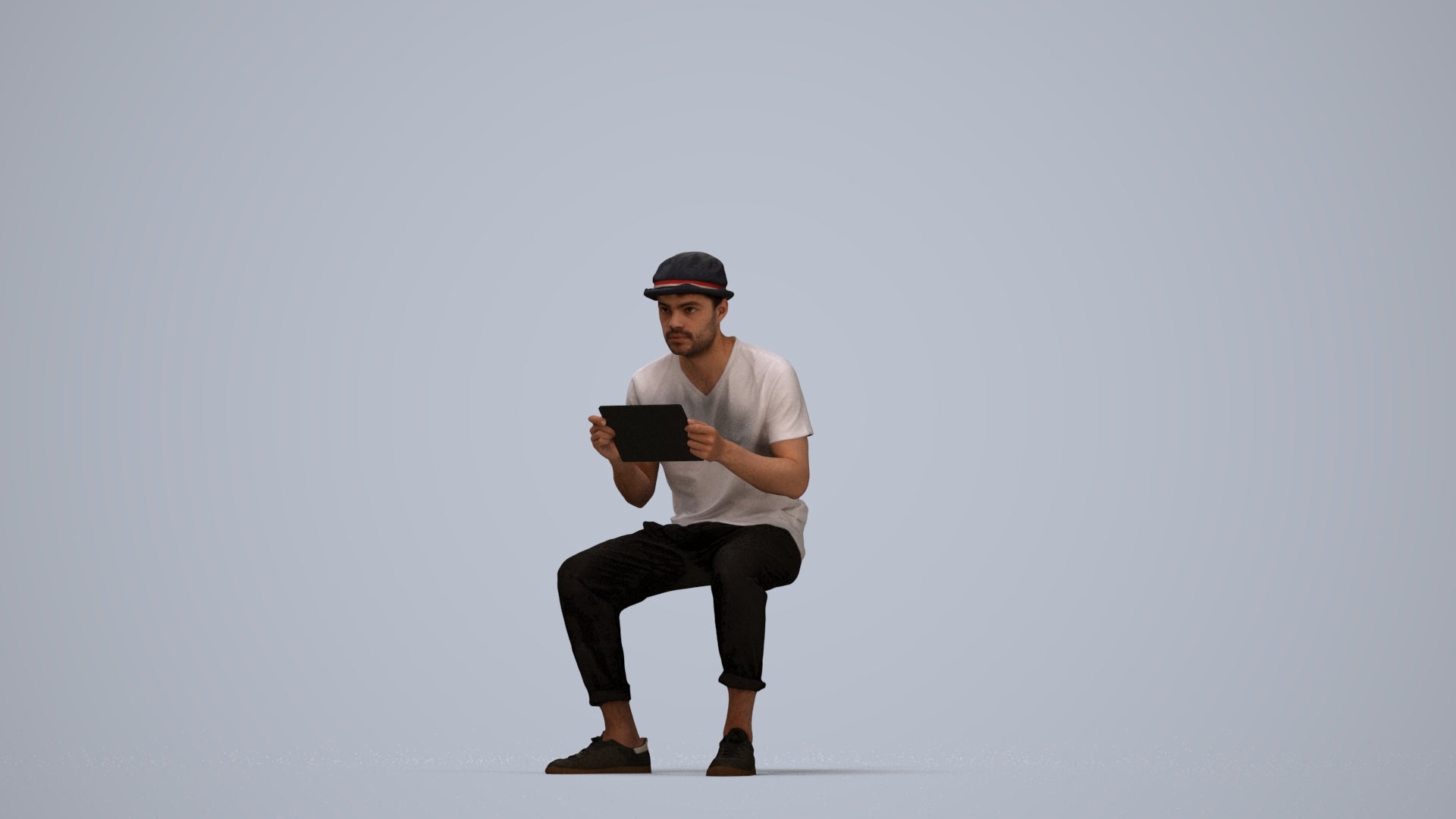 scanned 3D man casual sitting, photogrammetry people for Enscape and V-Ray, top-down view render