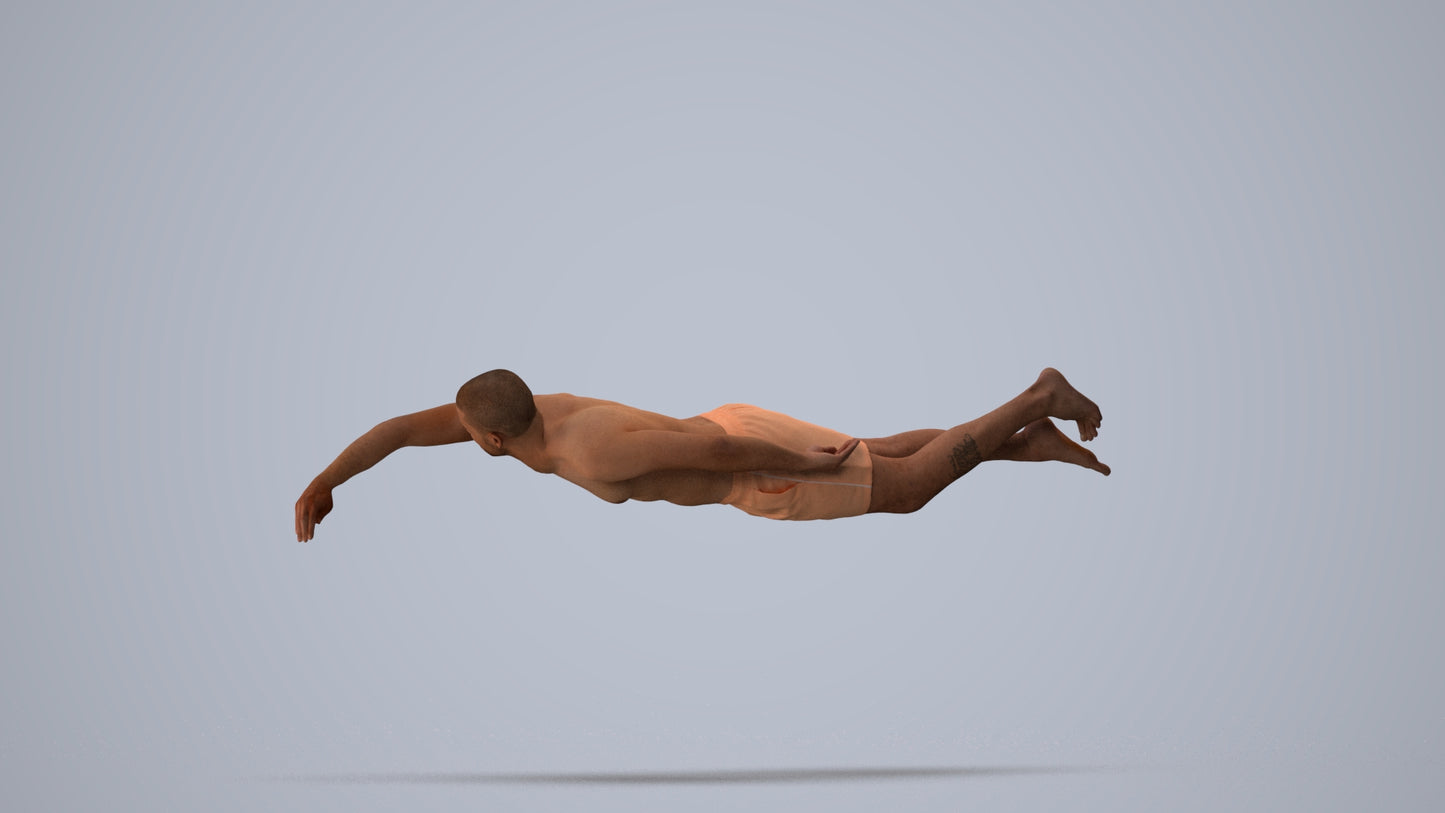 3D human model man sport pool, photogrammetry scanned person for archviz, three-quarter view render