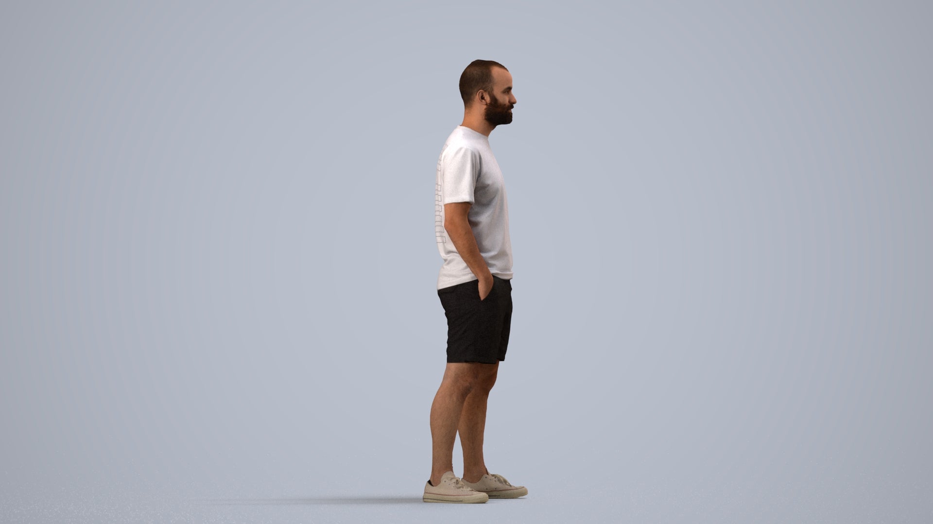 3D human model man casual standing, photogrammetry scanned person for archviz, side view render