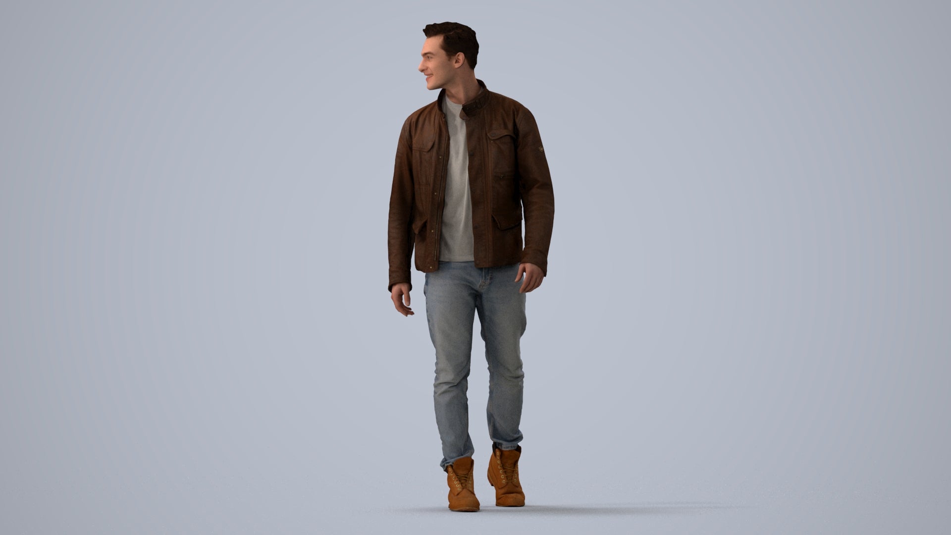 realistic 3D human man casual walking, archviz people FBX OBJ for Blender, three-quarter view render