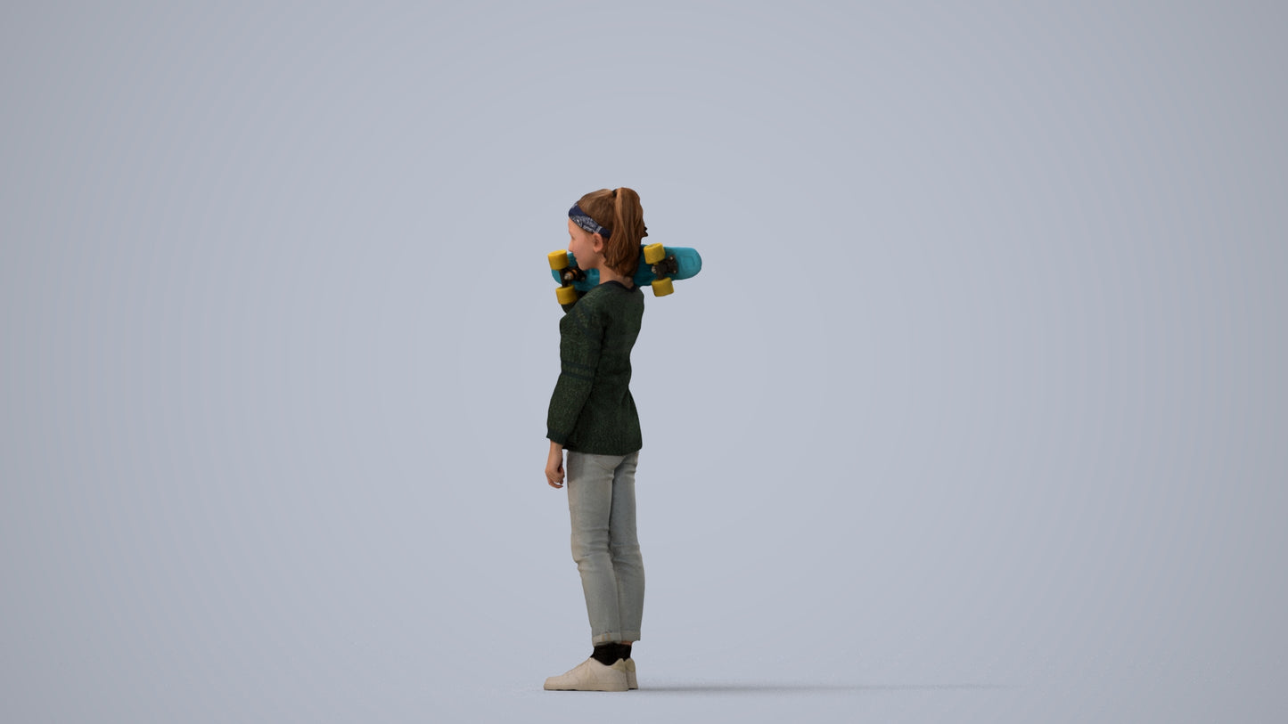 realistic 3D human girl casual kids, archviz people FBX OBJ for Blender, three-quarter view render