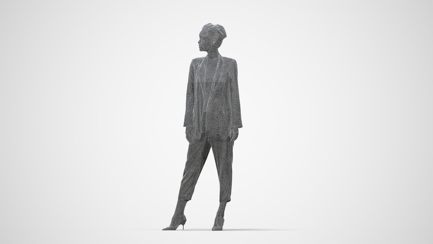 realistic 3D people woman business standing, render-ready for V-Ray and Corona, FBX OBJ, wireframe back view