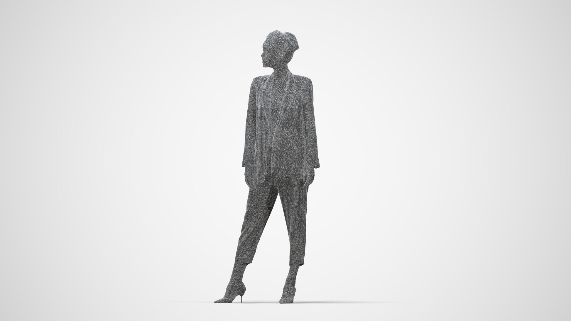 realistic 3D people woman business standing, render-ready for V-Ray and Corona, FBX OBJ, wireframe back view