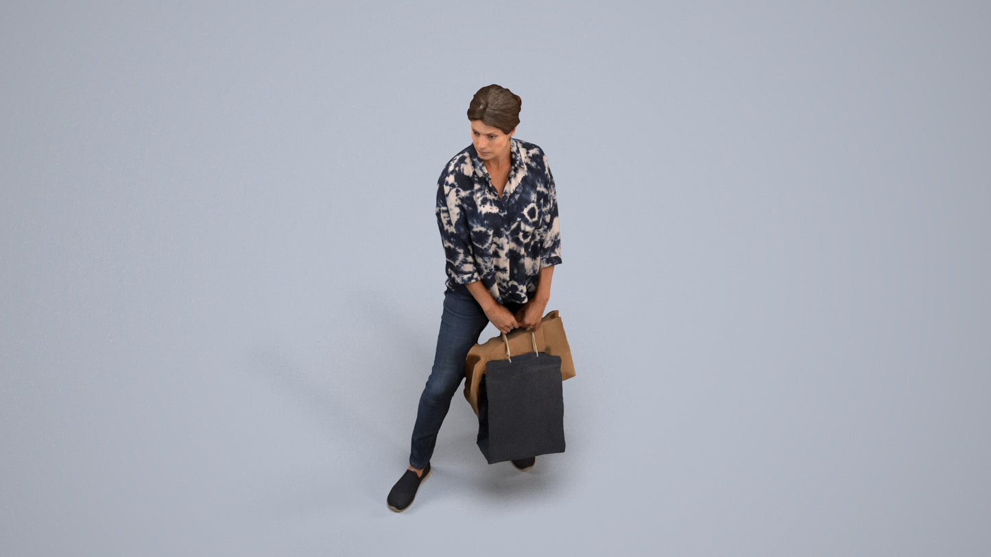 realistic 3D human woman casual shopping, archviz people FBX OBJ for Blender, back view render