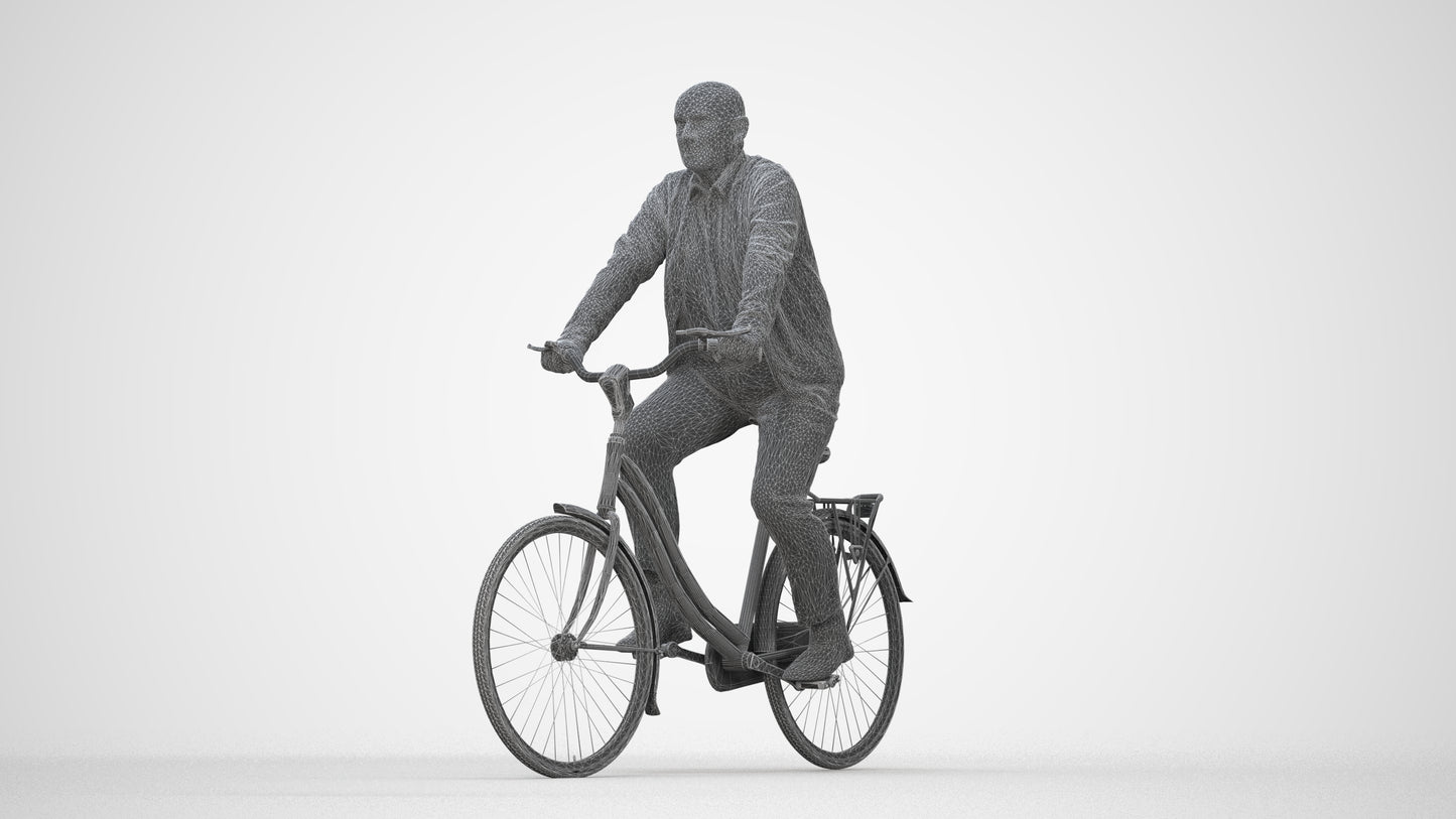3D human model senior man business cycling, photogrammetry scanned person for archviz, wireframe back view